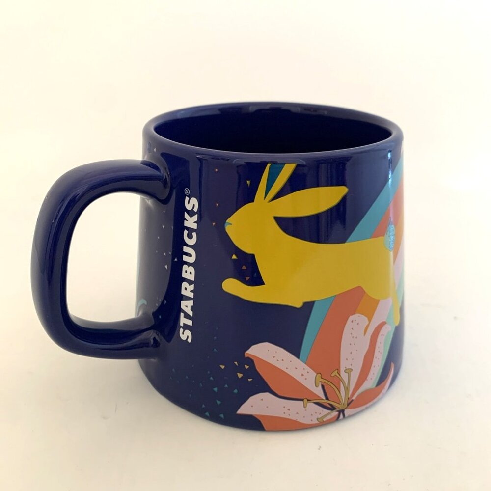 Starbucks 2021 Blue Bunny Ceramic Coffee Mug 14 oz Spring Flowers Easter - Picture 1 of 11